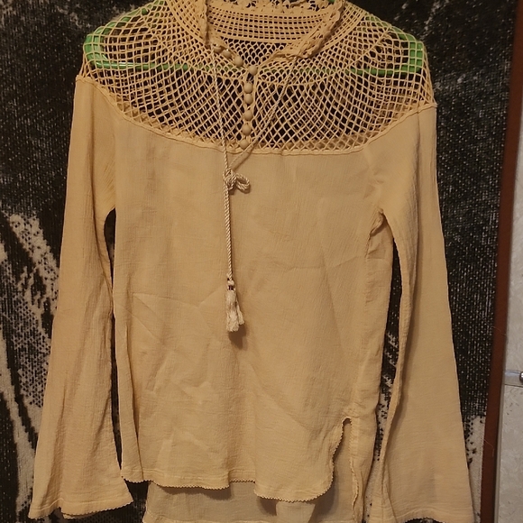 Tan Cropped Embellished Blouse with Bib Collar - Picture 1 of 6